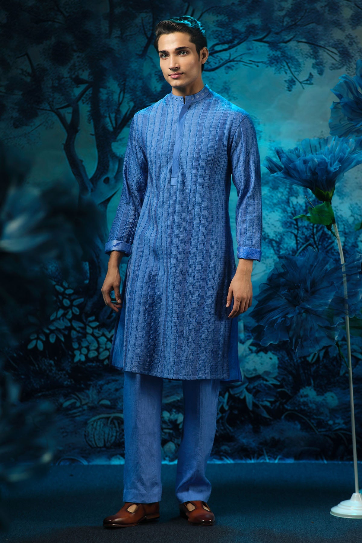 Buy Indigo Pintuck Kurta & Pants by Mandira Wirk for men online at ScrollnShops
